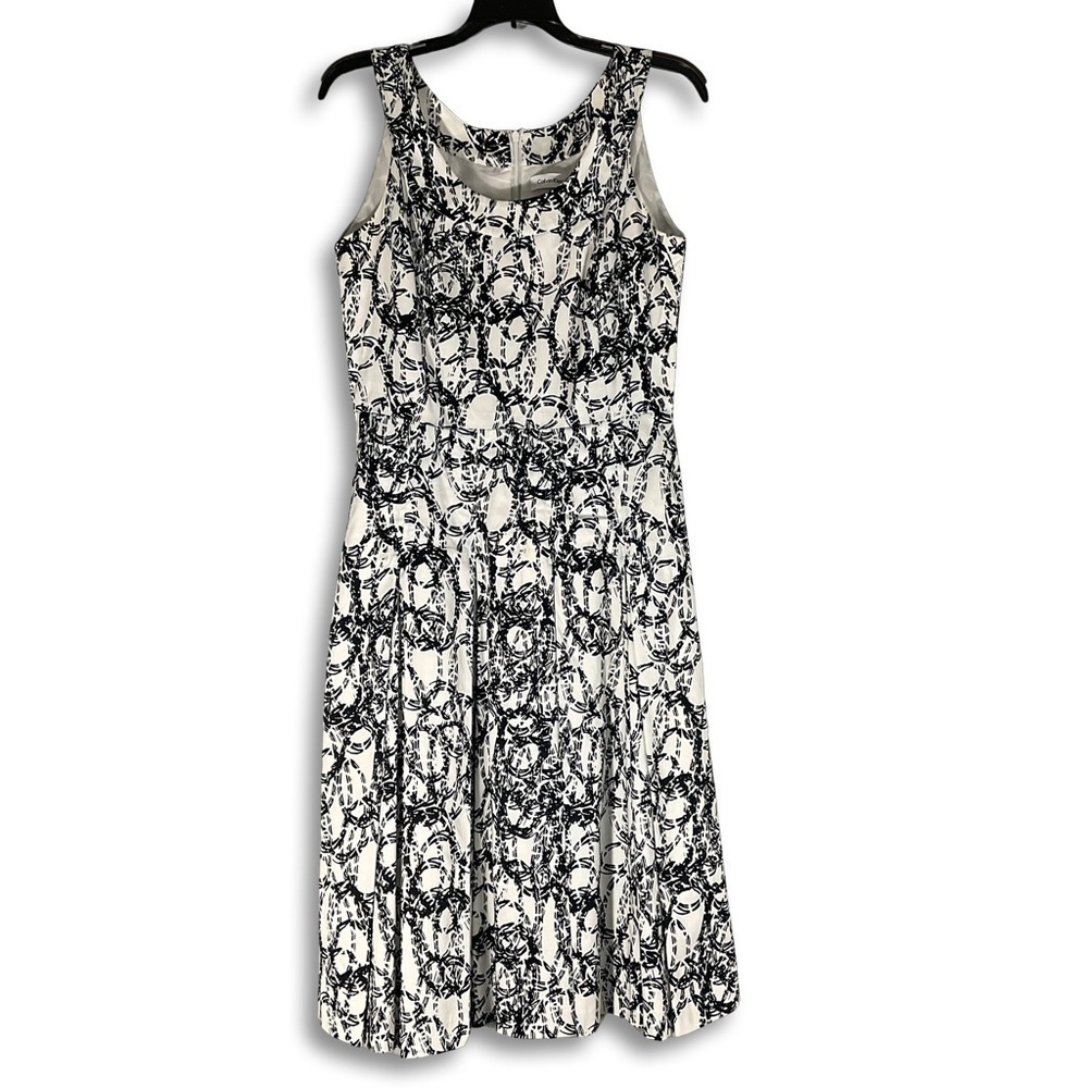 Calvin‎ Klein A-Line Midi Dress Womens 8 Black White Abstract Sleeveless Lined